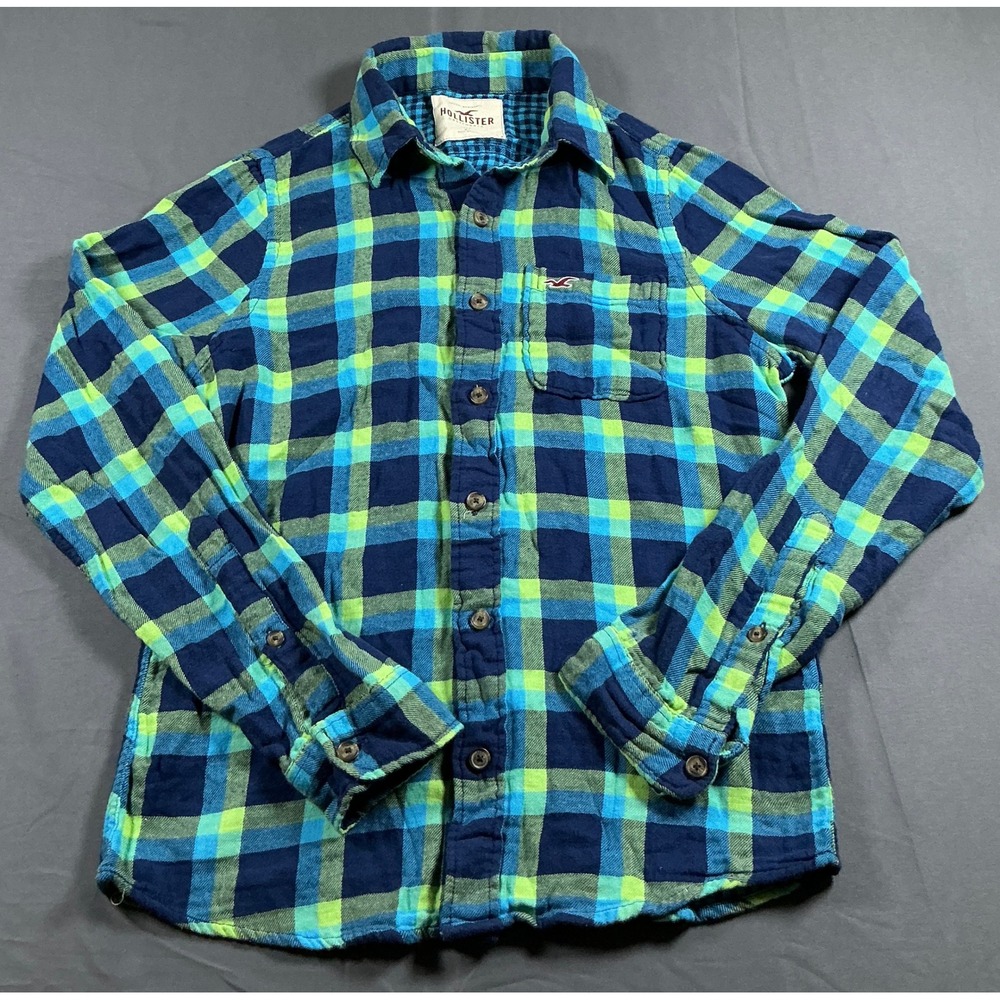 Hollister Mens Blue Lime Green Plaid Flannel Button Down Shirt Size M 314095522